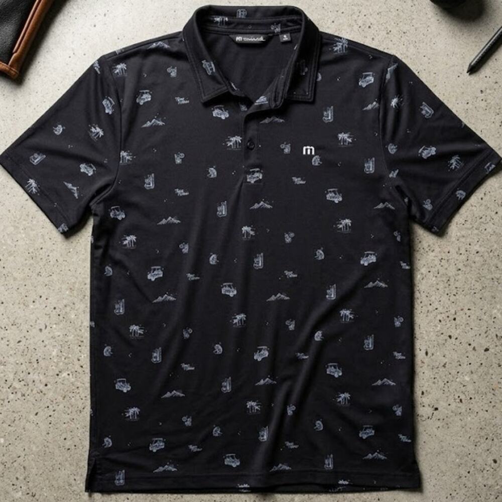 TravisMathew Mens XL Golf Polo Shirt Black Golf Cart Drink Tropical Print